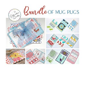 May include: A collection of rectangular fabric mug rugs featuring various colorful patterns, including floral, geometric, and animal motifs. The set includes a stack tied with a blue ribbon and individual displays of quilted coasters with stitched details.