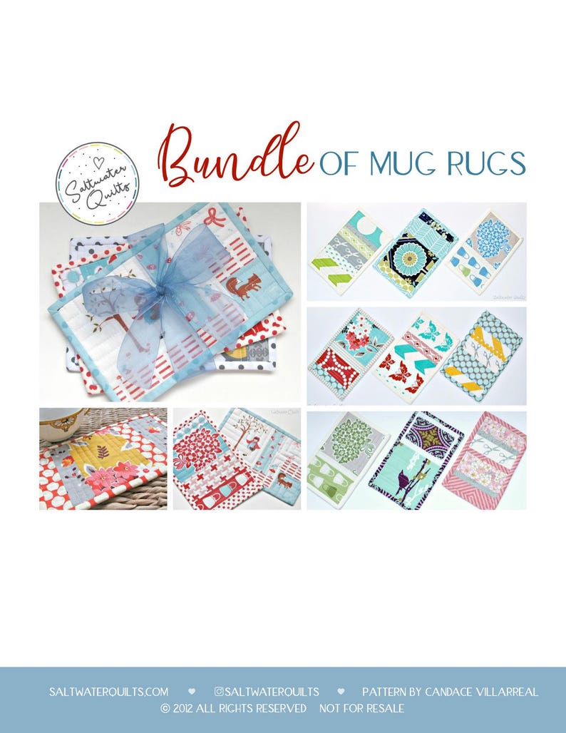 May include: A collection of rectangular fabric mug rugs featuring various colorful patterns, including floral, geometric, and animal motifs. The set includes a stack tied with a blue ribbon and individual displays of quilted coasters with stitched details.