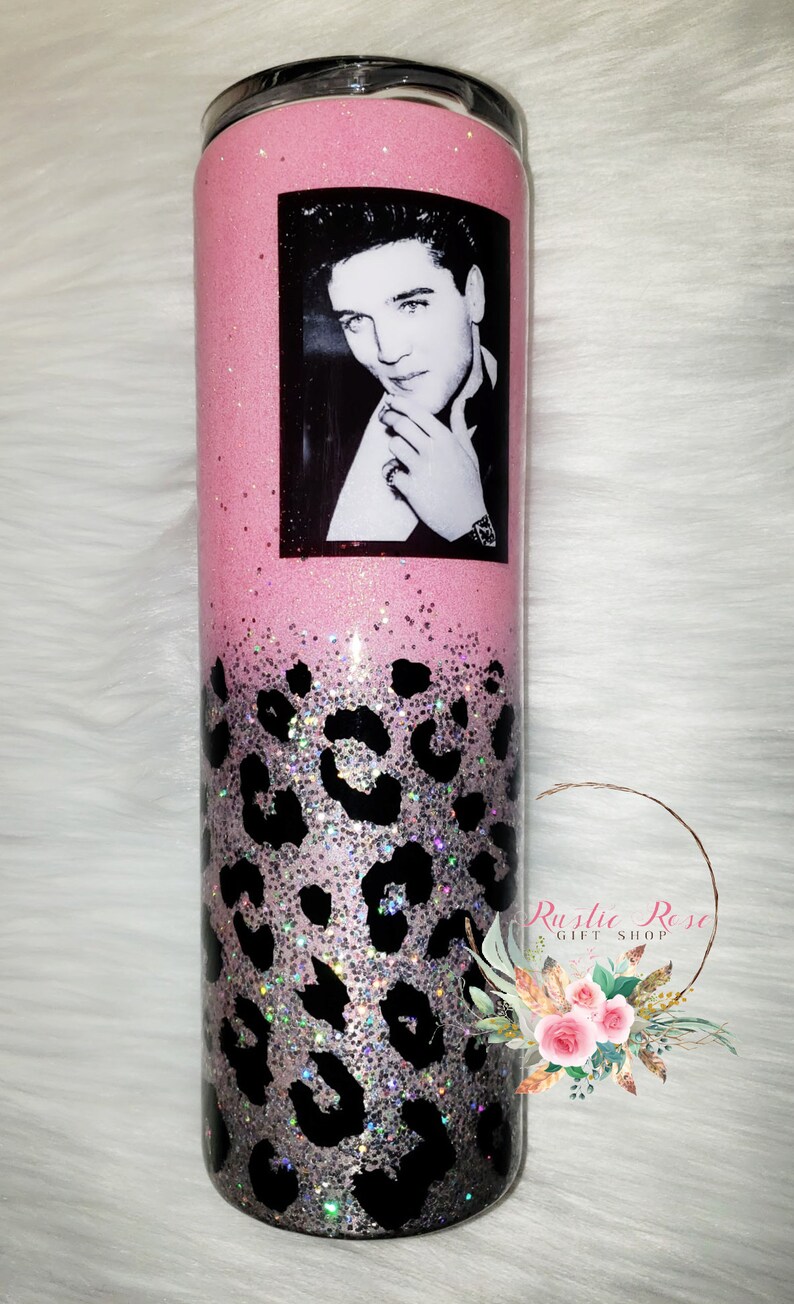Elvis Icon Leopard Glittered 30 oz Skinny Tumbler #elvis #leopard #tumbler #icon #handsome #custom