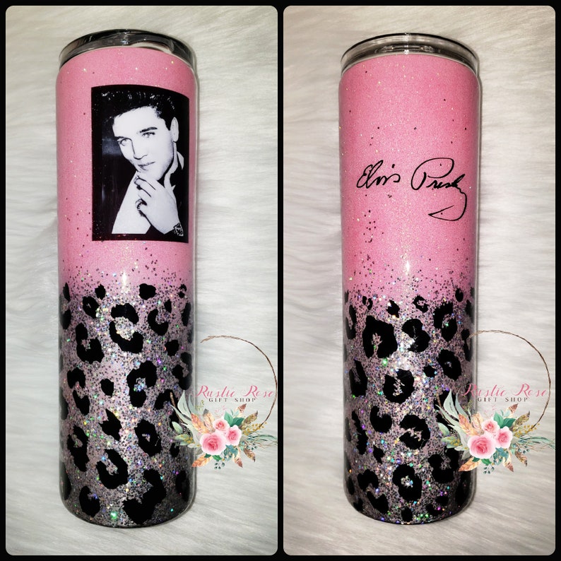Elvis Icon Leopard Glittered 30 oz Skinny Tumbler #elvis #leopard #tumbler #icon #handsome #custom