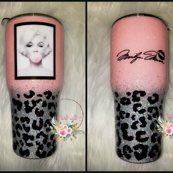 Marilyn Monroe Bombshell Pinup Leopard Glittered Tumbler #marilynmonroe #leopard #tumbler #bombshell #pinup #normajean #gifts #holiday