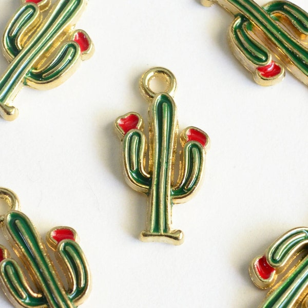 Cactus Charms, Green Enamel Saguaro Pendants, 19mm x 10mm - 5 pieces (1314)