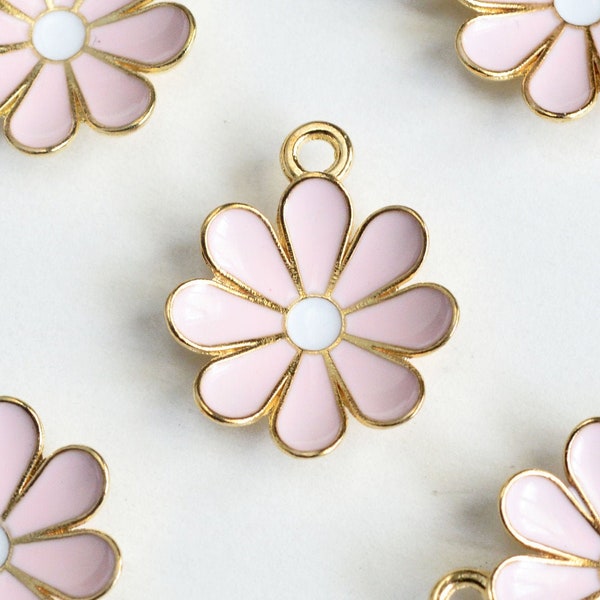 Pink Flower Charms, Enamel On Gold Toned Metal, 19mm x 15mm - 4 pieces (1308)