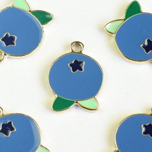 4 Blueberry Charms, Blue Enamel Fruit Pendants, 18mm x 14mm  (1332)