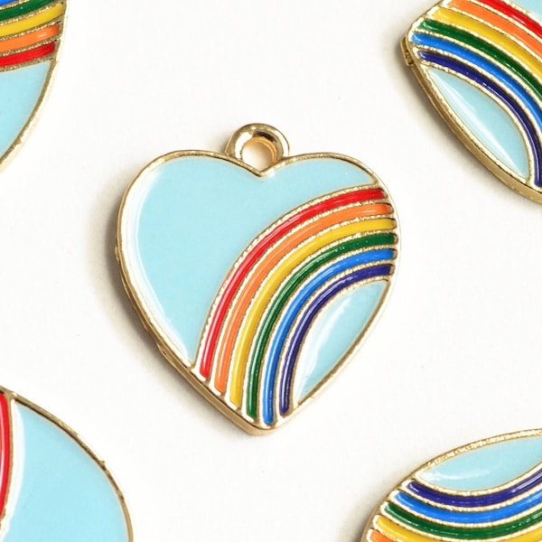 4 Rainbow Heart Charms, Blue Enamel Love Pendant, 2x18mm (1476)