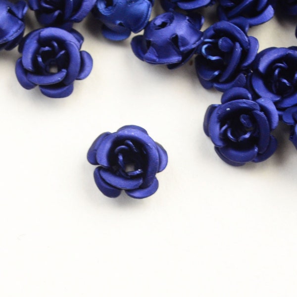 Tiny Dark Blue Aluminum Rose Beads,  Metal Flower Cabochons, 6mm x 4mm - 30 pieces (1525)