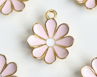 Pink Flower Charms, Enamel On Gold Toned Metal, 19mm x 15mm - 4 pieces (1308)