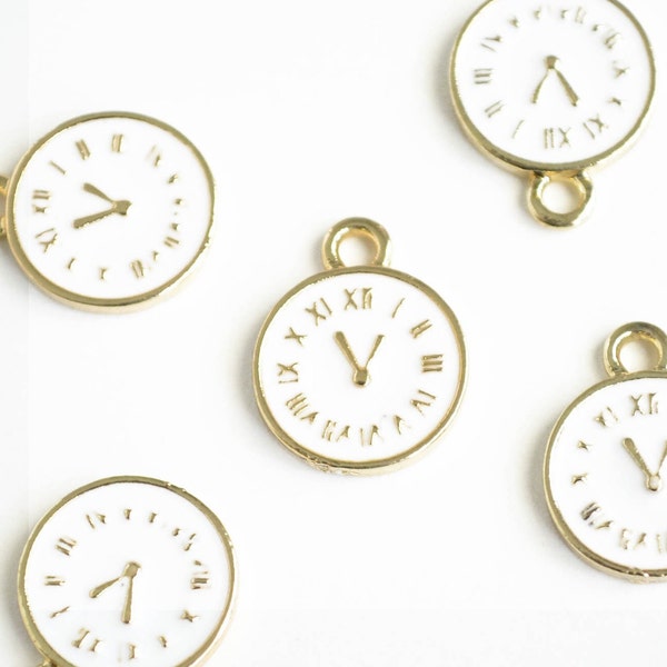 5 White Clock Charms, Enamel Time Pendant (182G)