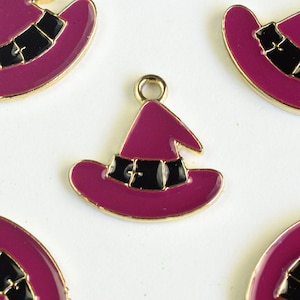 Purple Enamel Witch Hat Charm: Gold Tone Halloween Pendant (4 Pieces)