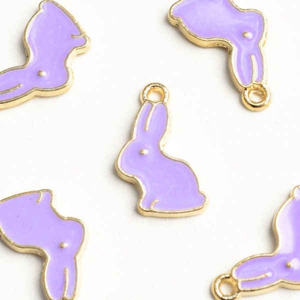 Rabbit Charm, Purple Enamel Gold Toned Pendants, 17mm x 11mm - 5 pieces (1517)