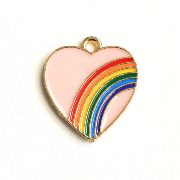 4 Rainbow Heart Charms, Pink Enamel Love Pendant, 20x18mm (1477)