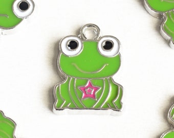 Frog Charms, Green Enamel Silver Tone, 17mm x 13mm - 5 pieces (1259)