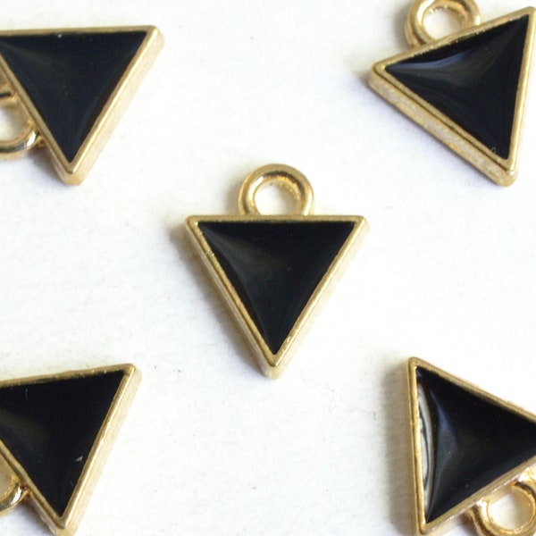 Triangle Charm, Tiny Black Enamel, Gold Tone, 10mm - 10 pieces (1302)