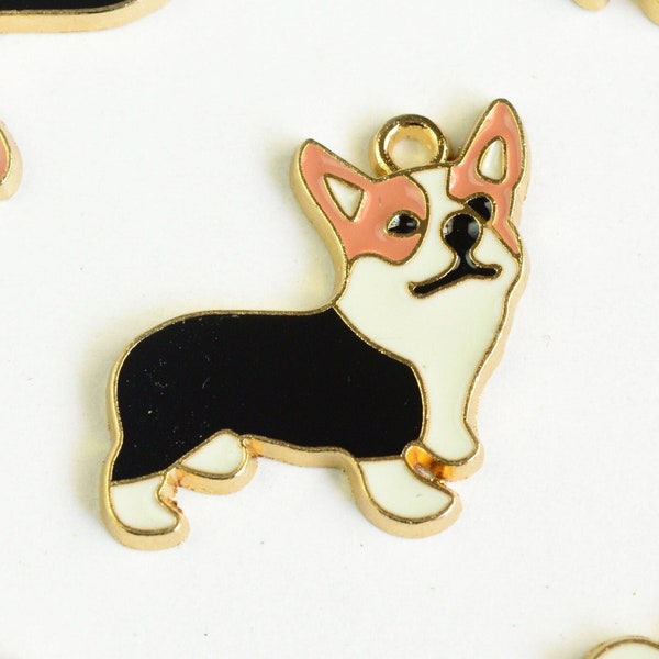 Dog Charms, Enamel Corgi Pendants, Gold Tone Tri-Color, 24mm x 23mm - 4 pieces (1337)