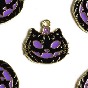 Pumpkin Charms, Black Cat Jack O Lantern Halloween Pendants, Enamel Gold Tone 20mm x 20mm - 4 pieces (1438)