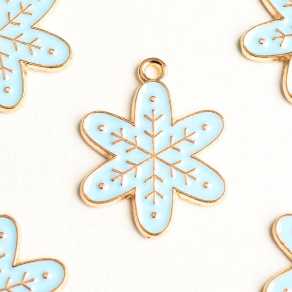 Snowflake Charm, Winter Holiday Pendants, Light Blue Enamel  Gold Tone Metal , 25mm x 19mm - 4 pieces (1533)