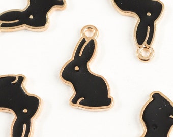 Rabbit Charm, Black Enamel Gold Toned Pendants, 17mm x 11mm - 5 pieces (1089)