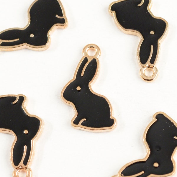 Rabbit Charm, Black Enamel Gold Toned Pendants, 17mm x 11mm - 5 pieces (1089)