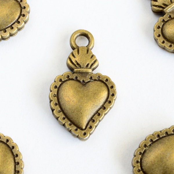 Milagro Heart Charm, Bronze Tone Sacred Heart, Folk Art, 21mm x 12mm - 10 pieces (1030)