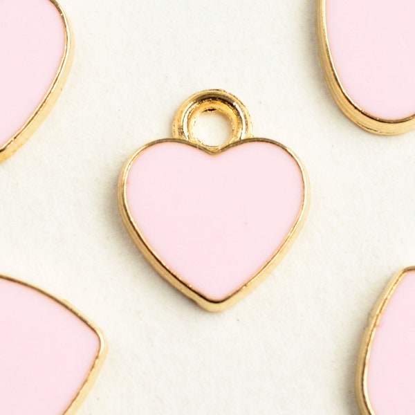 Pink Heart Charm, Enamel Gold Tone Love Pendants, 12mm x 10mm - 5 pieces (1552)