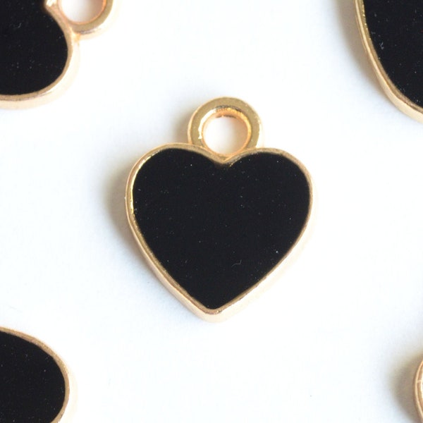 Heart Charms, Gold Plated, Black Enamel Pendant, 12mm x 10mm - 5 pieces (1103)