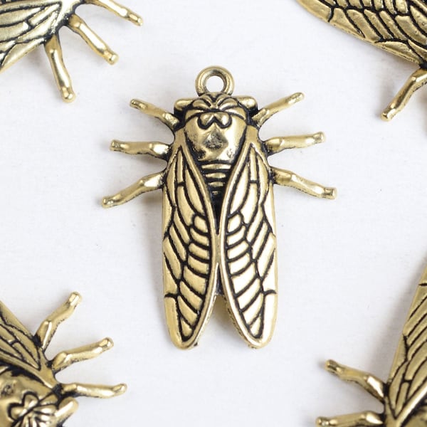 Cicada Insect Charms, Matte Antique Gold Tone Bug Charms, 27mm x 22mm - 5 pieces (1235)