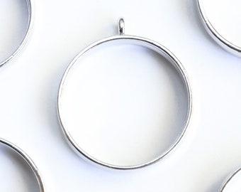 Round Open Bezel Pendant, Shiny Silver Frame Pendant, 28mm - 4 pieces (689)