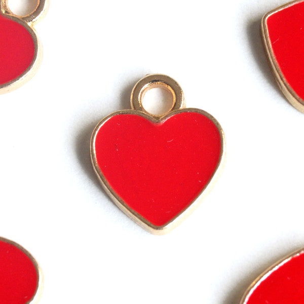 5 Red Heart Charms, Gold Toned Valentine Pendants, 12x10mm (1105)