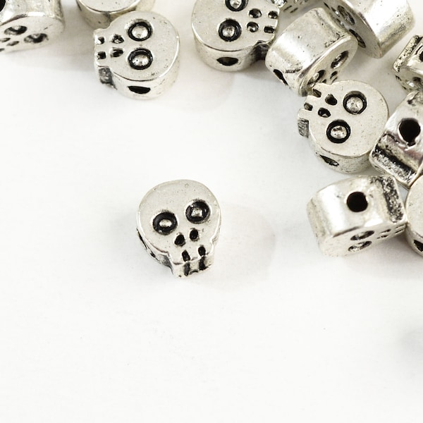 Skull Bead, Antique Silver Tone Slider, 7mm x 7mm - 10 pieces (1090)