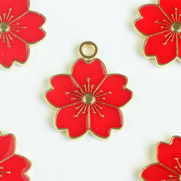 Red Cherry Blossom Charms, Spring Flower Pendants, Gold Tone, Enamel, 20mm x 18mm - 5 pieces (1325)