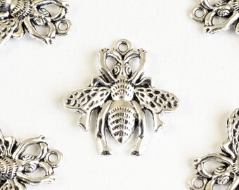 Bee Charms, Antique Silver Tone, 26mm x 25mm- 10 pieces (903)