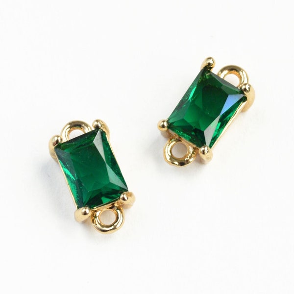 2 Green Rhinestone Connector Charms, Rectangle Step Cut Rhinestone, Faux Emerald Gold Tone, 8.5mm x 6mm - 2 pieces (1500)