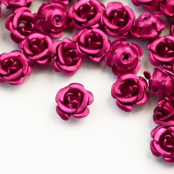 Tiny Dark Pink Aluminum Rose Beads,  Metal Flower Cabochons, 6mm x 4mm - 30 pieces (1526)