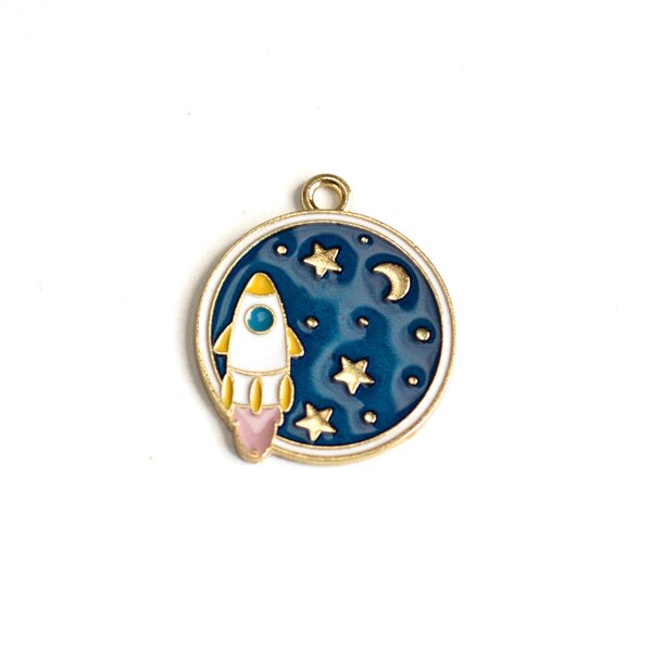 Rocket Ship Pendant, Enamel Gold Toned Charm, 25mm - 4 pieces (695)