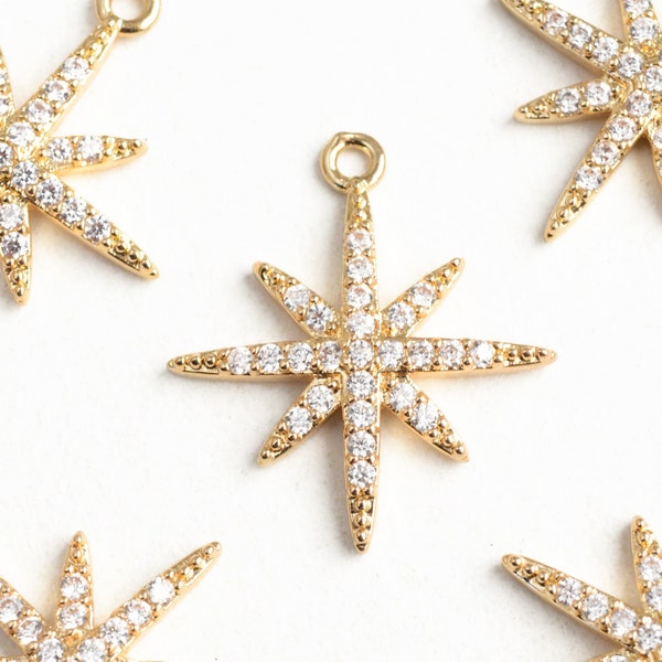 2 Star Charms, CZ Micro Pave Twinkling North Star Moravian Pendant, 20x18mm (1692)