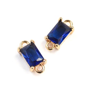 2 Blue Rhinestone Connector Charms, Rectangle Step Cut Rhinestone, Faux Sapphire Gold Tone, 8.5mm x 6mm - 2 pieces (1498)