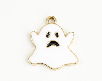 Ghost Charms, Spooky Halloween Pendants, White Enamel Gold Toned, 20mm x 18mm  (938)