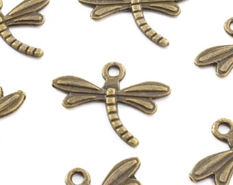 12 Dragonfly Charm, Small Antique Bronze Dragonfly Charm 15mm