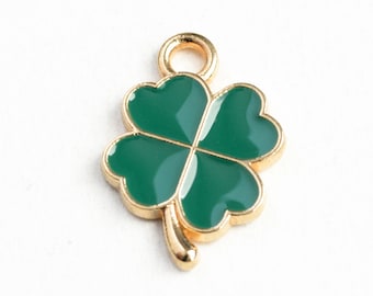 4 Green Shamrock Charms, Four Leaf Clover Good Luck Pendants For St. Patrick's Day, 19x12mm (1851)