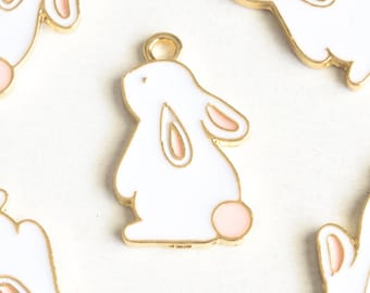 Bunny Charm, White Enamel Gold Toned Pendants, 22mm x 13mm - 5 pieces (1264)