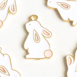 Bunny Charm, White Enamel Gold Toned Pendants, 22mm x 13mm - 5 pieces (1264)