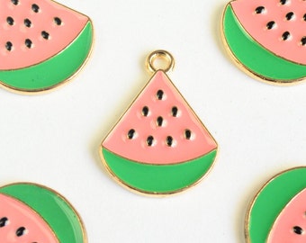 Watermelon Charm, Pink Enamel Fruit Pendants, 23mm x 18mm - 4 pieces (1331)