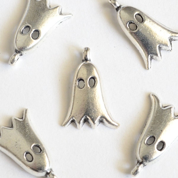 Ghost Charms, Silver Tone Halloween Pendants, 19mm x 12mm - 10 pieces (1369)