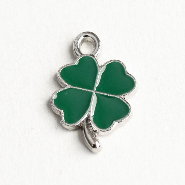 4 Green Shamrock Charms, Four Leaf Clover Good Luck Pendants For St. Patrick's Day, 19x12mm (1850)