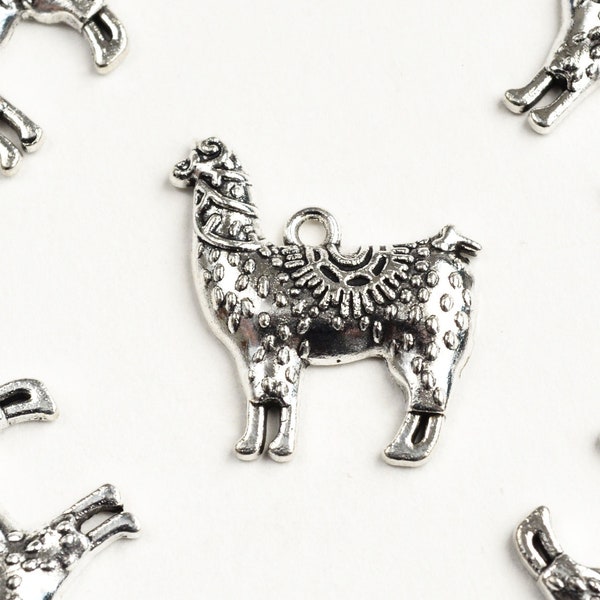 Llama Charms, Silver Tone Alpaca Pendants, 25mm x 24mm - 10 pieces (1514)