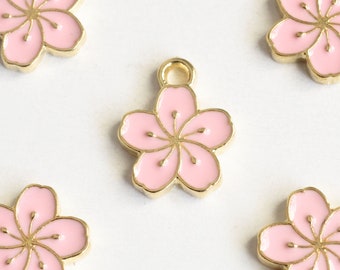 Cherry Blossom Charms, Gold Toned Pink Enamel, 14mm x 12mm - 5 pieces (1179)