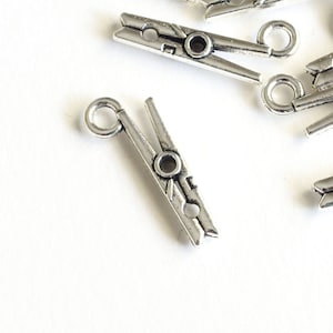 Tiny Clothespin Charms, Silver Tone Clothing Pins, 19mm x 7mm - 10 pieces (1404)