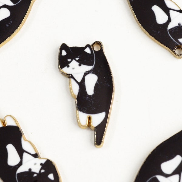 Cat Charms, Dangling Black and White Enamel Cat Pendant, Gold Toned, 25mm x 12mm - 4 pieces (1074)
