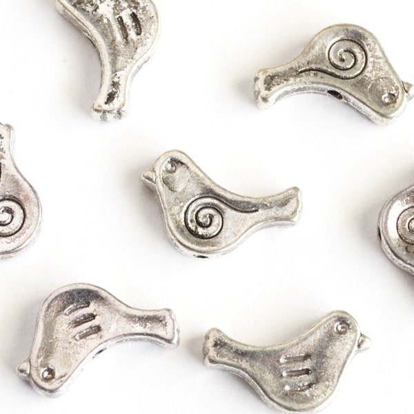 Metal Bird Beads, Antique Silver Plated Two Sided Spacer Beads - 10 pieces (378)