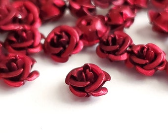 Tiny Red Aluminum Rose Beads,  Metal Flower Cabochons, 6mm x 4mm - 30 pieces (1137)